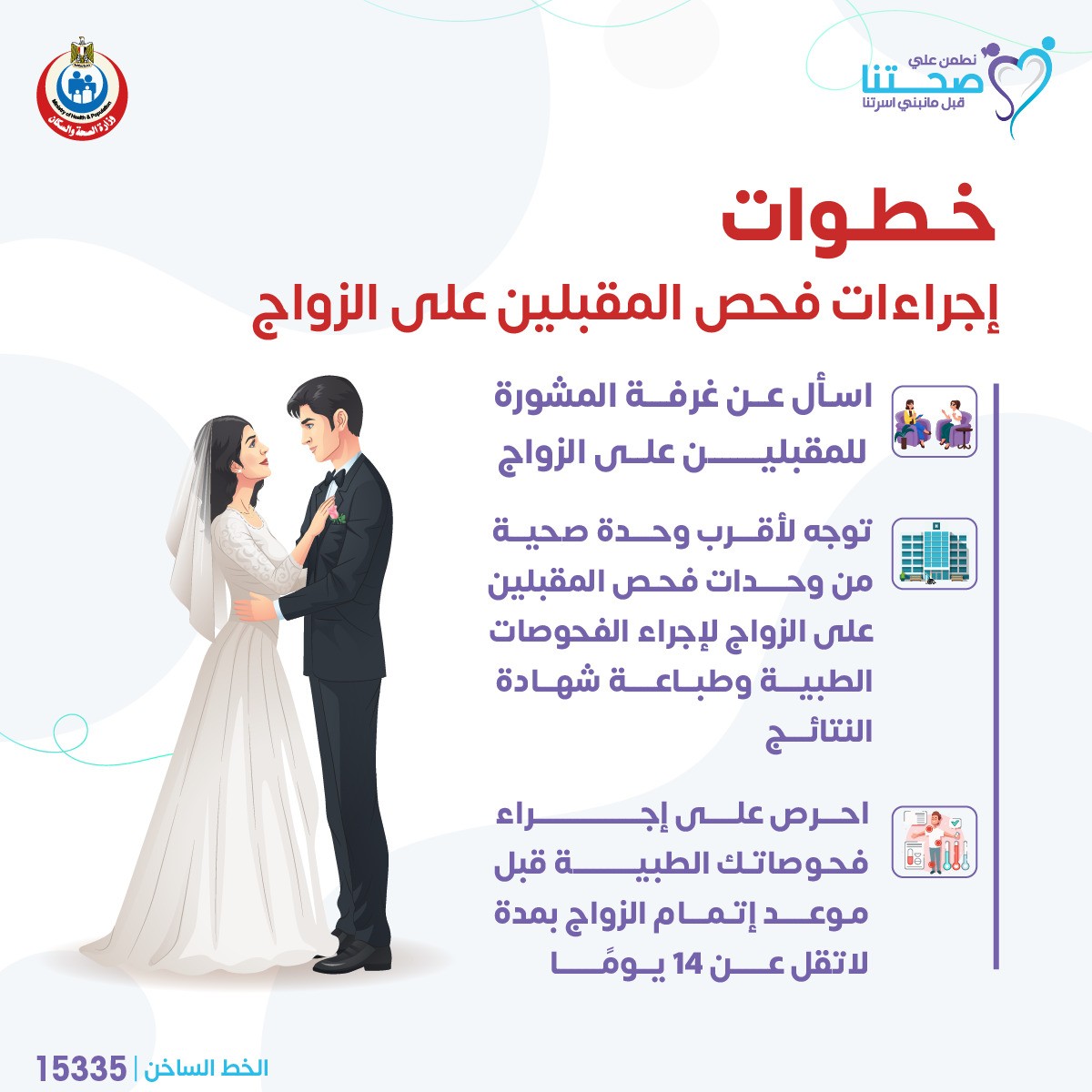 خطوات عمل الفحوصات الطبية ضمن مبادرة رئيس الجمهورية لفحص المقبلين على الزواج